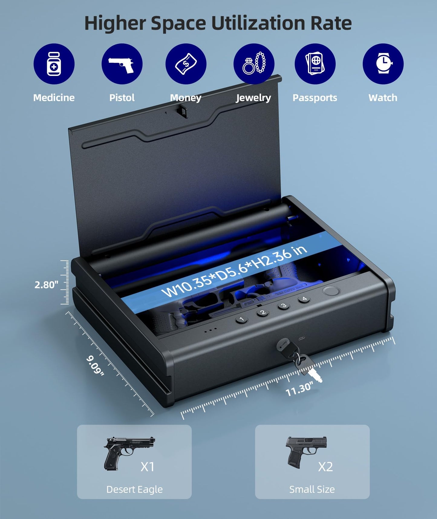 PINEWORLD Gun Safe, Biometric Gun Safe For Handgun, Pistol Safe With Fingerprint Backlit Keypad, Quick Access Handgun Safe for Firearm, Gun Lock Box With Interior Light For Nightstand Car Normal Size