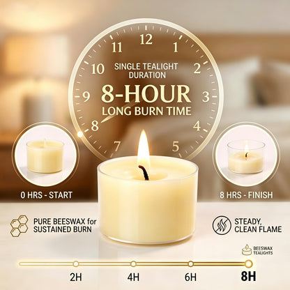8 Hours Beeswax Tealight Candles White - 12 Pack - Handmade Natural Beeswax Tea Candles in Clear Cup | Smokeless Beeswax Tea Light Candles | for Home Deco, Fragrance, Relax
