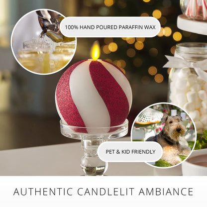 Luminara - Flameless Holiday Crystal Beads Glitter Sphere Candle - Candy Cane Red - Pack of 1-4x4.25 - Auto Timer Built-in 5-Hour Timer Indoor Use
