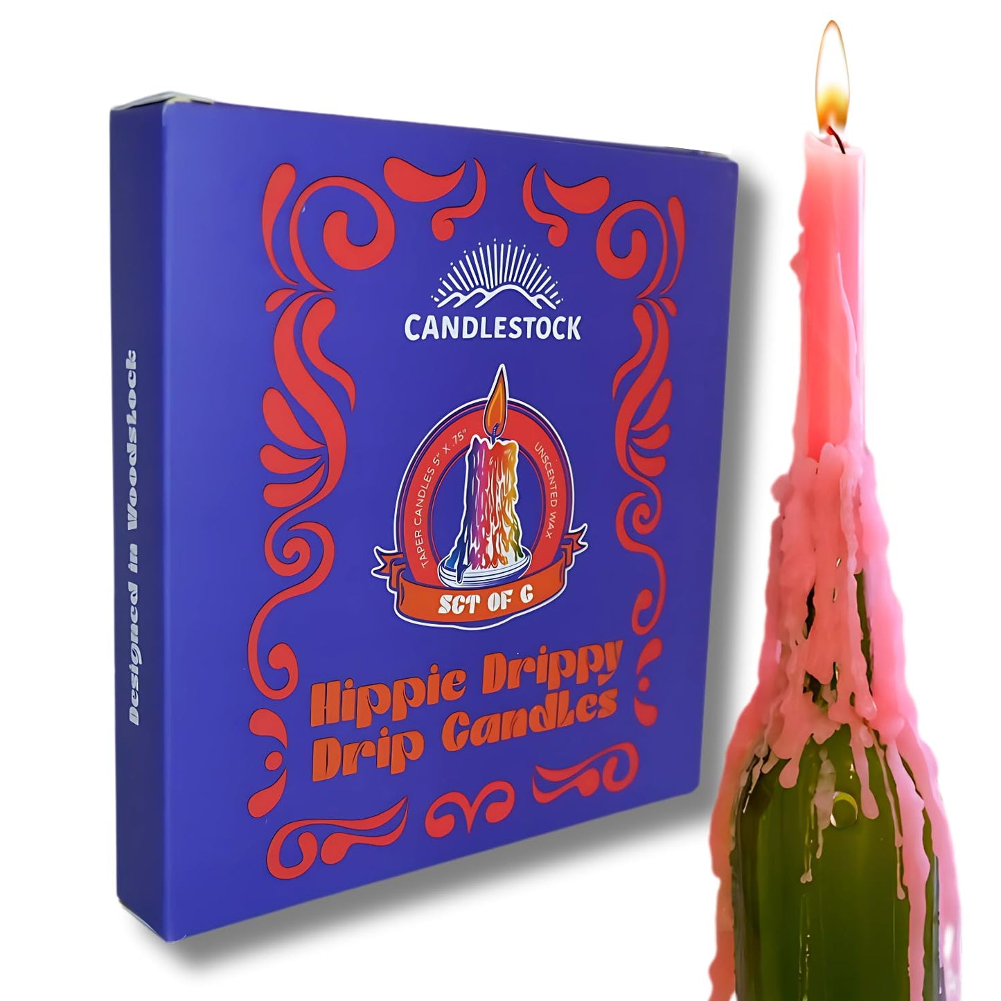 Candlestock Hippie Drippy Drip Candles - Pack of 6 Dripping Tapers - Wine Bottle Melting Candles (Pink)