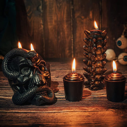 Skull & Spine Candles 4 Pack - Skeleton Snake, Spine & Black Bones Candle, Skulls, Magic Skulls Candlestick Spooky Gothic Emo Decor, Home & Bar Decoration, Large Creepy Skeletons Decorations