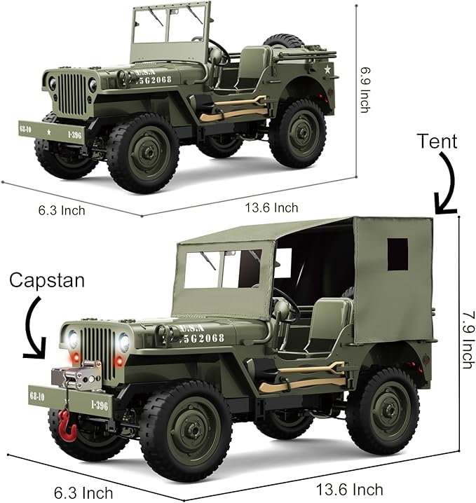 RC Jeep 1/10 Scale Willys Hobby RC Car Off-Road Military Crawler 2.4Ghz Military Truck 4WD RC Crawler with Light Tarpaulin Metal Shaft 4x4 Off Road Vehicle RTR Jeep Car 2 Batteries