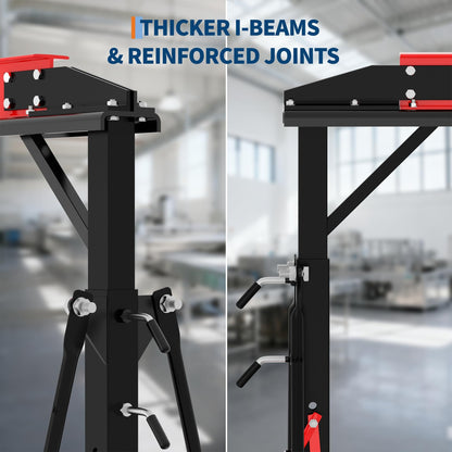 Adjustable Gantry Crane 1 Ton (2200 LBS) with Manual Trolley, Hook and Sling Strap, 12 Locking Positions (97" to 141") with Triangle Base, Portable I-Beam Hoist for Factory, Warehouse, Auto Repair
