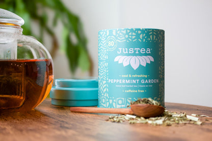 JusTea PEPPERMINT GARDEN | Loose Leaf Herbal Tea | Tin with Hand Carved Tea Spoon | 40+ Cups (1.6oz) | Caffeine Free | Award-Winning | Fair Trade | Non-GMO