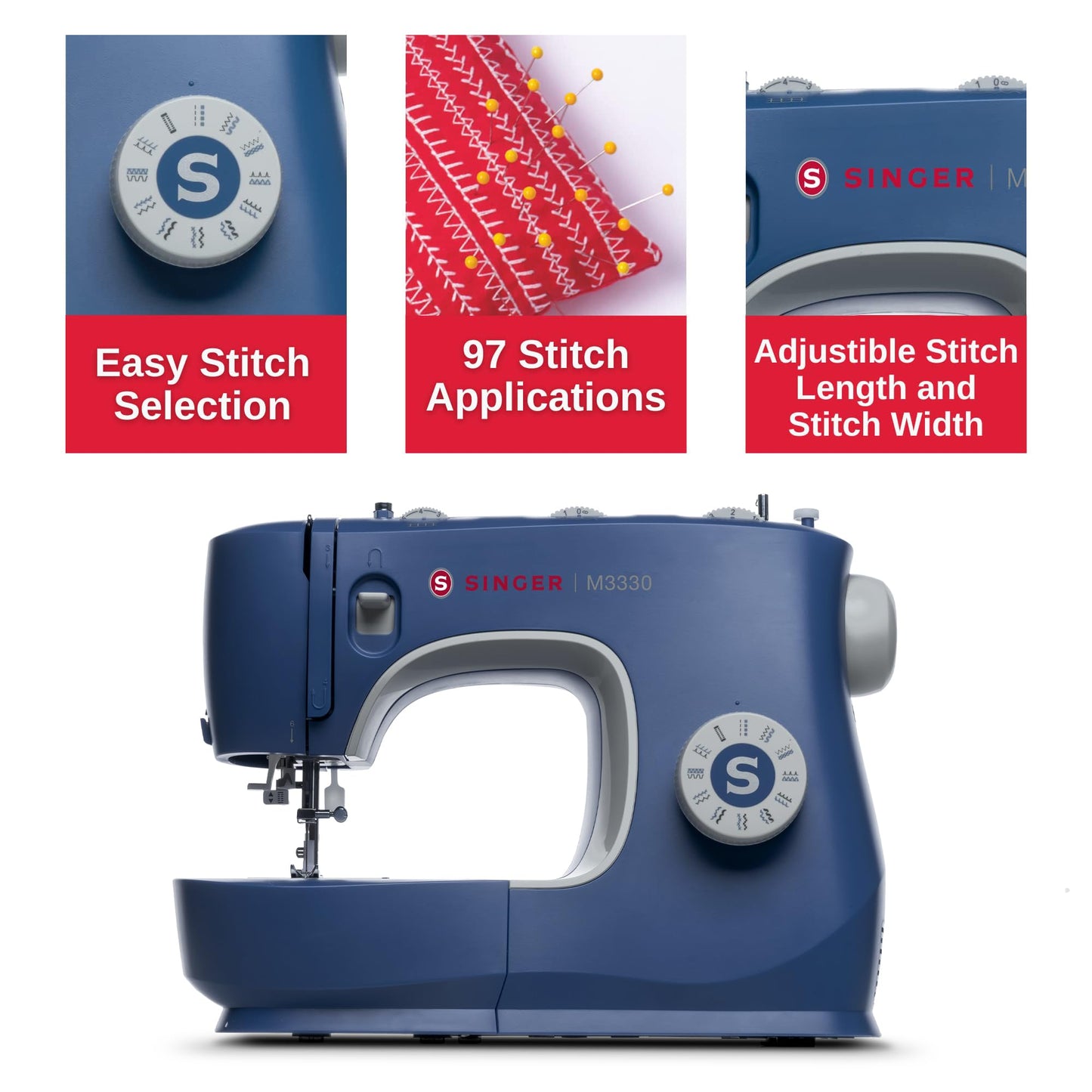 SINGER® M3330 Navy Blue Sewing Machine with Accessory Kit | 23 built-in Stitches Deliver 97 Stitch Applications | 1-Step Buttonhole, Free Arm, LED Light | Simple & Easy To Use, Perfect For Beginners