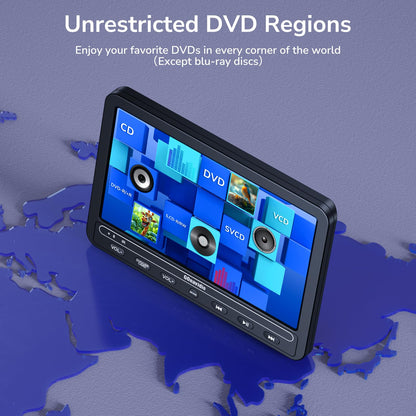 10.5 Inch DVD Player for Car with 5-Hour Battery, Headphones, Headrest DVD Player Support HDMI Input, Sync Phone/TV, 1080P Videos, USB SD, Last Memory, Region Free