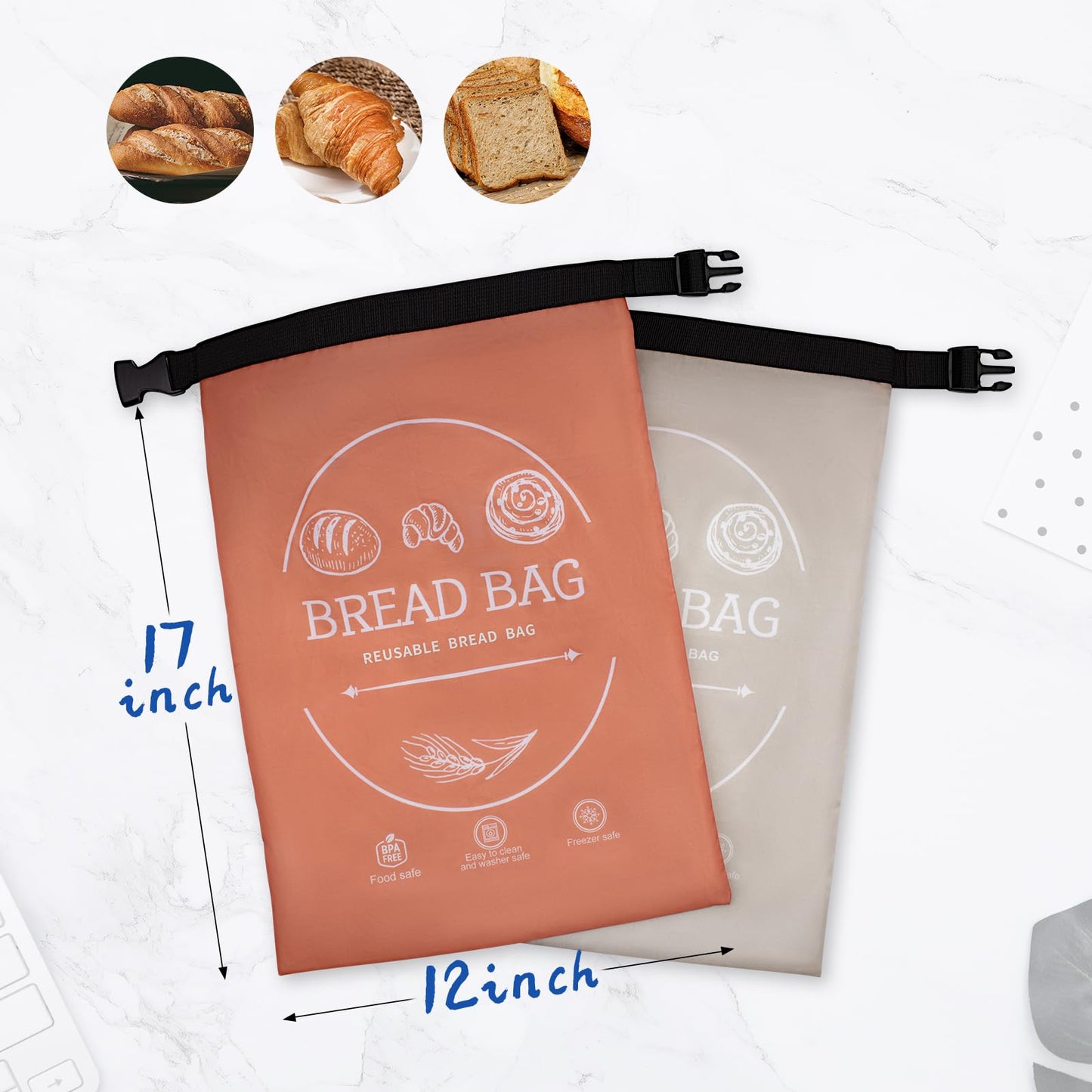 Bread Bags for Homemade with Beeswax Wrap - Zipper Reusable Bread Bag for Sourdough 2-Pack, Reusable Food Storage Bag to Keep Sourdough Fresh, Freezer-Safe, Eco-Friendly (Orange&Grey)