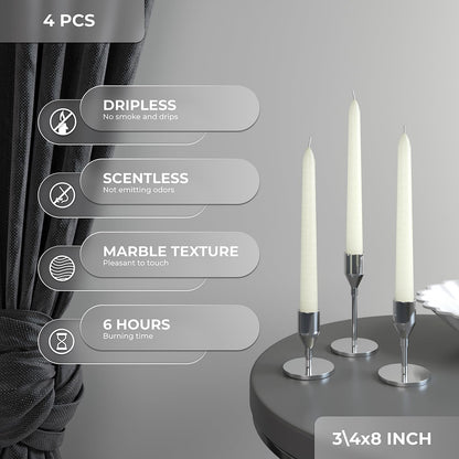 CANDWAX Ivory Taper Candles 8 inch Dripless - Set of 4 Tapered Candle Ideal for Dinner - Smokeless and Unscented Candlesticks Long Burning