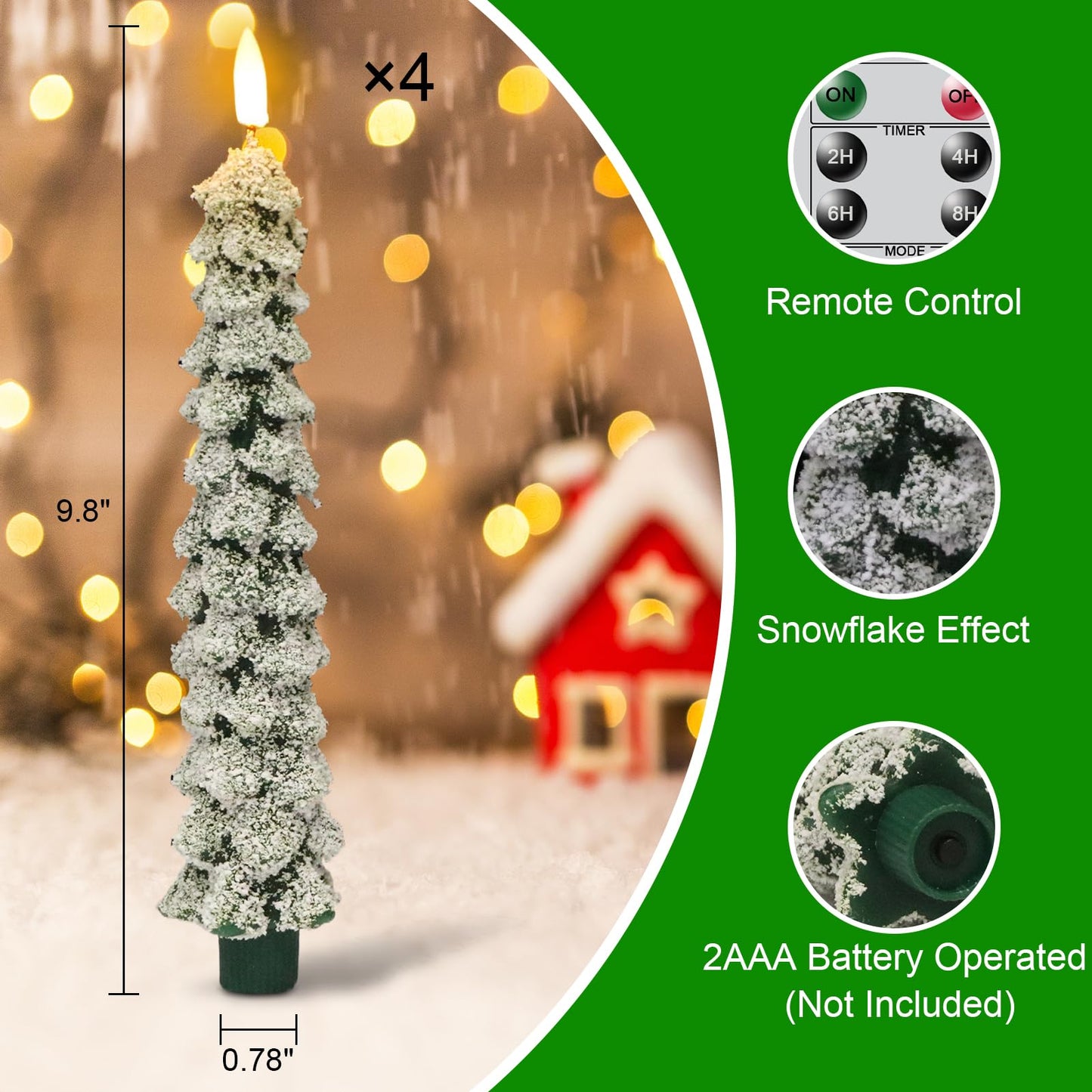 DRomance Christmas Tree Flameless Taper Candles with Remote Timer Battery Operated Flickering LED Candlesticks Real Wax Snowflake Glitters Holiday Indoor Decor(4 Pack, 0.78" D x 9.8" H)