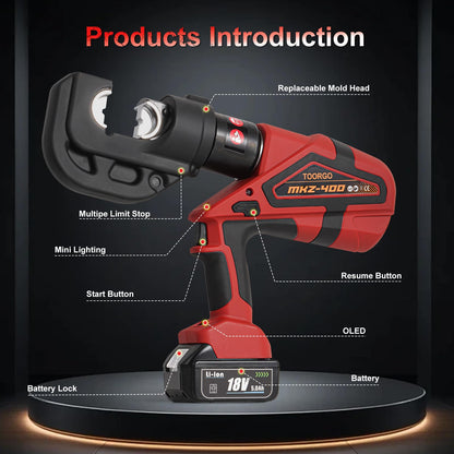 TOORGO Electric Crimping Tool,12 Ton 6AWG-800MCM Rechargeable Cable Crimper for Al/Cu Terminals, Wire Crimping Tool Kit with 13 Dies and Batteries,Red