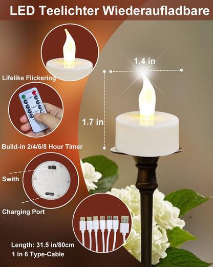 HONGJINGCHEN Rechargeable Candles Tea Lights with Remote Timer,Battery Operated Flameless LED Tea Lights Candles with USB Rechargeable for Halloween,Christmas,Weddings,Birthdays 6-Pack(Warm White)