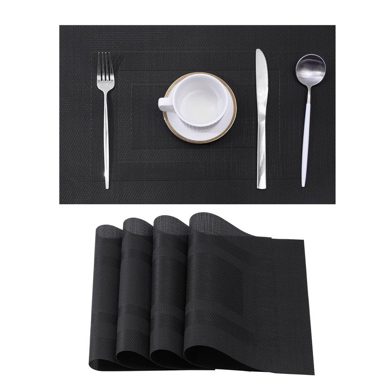 Leetaltree Black Frame Placemats Set of 4 - Heat Resistant Non-Slip Place mats for Dining Table, Washable Durable PVC Vinyl Woven Table Mats（Black Frame, 4）