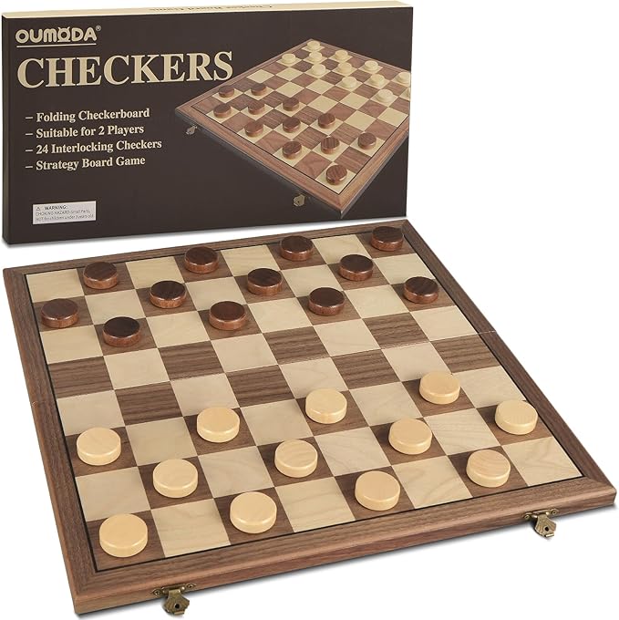 Walnut 15 Magnetic Checkers Board Game Set - Folding Wooden 8x8 Chessboard with 24 Interlocking Pieces Storage Slots - Family Strategy Game for Beginners &amp Kids Adults