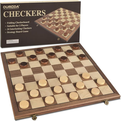 Walnut 15 Magnetic Checkers Board Game Set - Folding Wooden 8x8 Chessboard with 24 Interlocking Pieces Storage Slots - Family Strategy Game for Beginners &amp Kids Adults