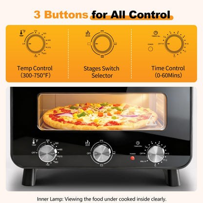 Sweetcrispy Countertop Pizza Oven Indoor, 1600W, 750°F High Heat Pizza Maker with Pizza Stone & Pizza Spatula, Countertop Electric Pizza Oven for Home Use