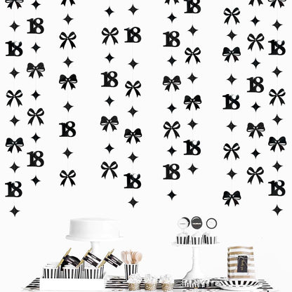 Black 18th Bow Birthday Decorations Glitter Conquette Bow Garland Streamer Banner Backdrop for Girls Boys Happy 18th Birthday Time to Adult Cheers to 18 Years Old Anniversary Party Supplies