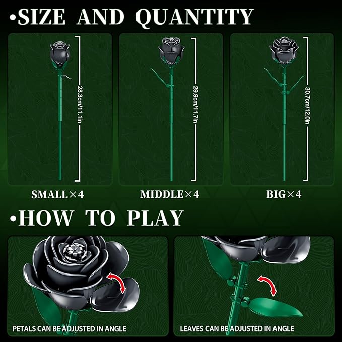 Black Rose Flower Building Blocks Bouquet 12 PCS Gothic Artificial Roses DIY Botanical Set Home Office Decor Gift for Women Adults Teens Valentines Day Mothers Day 512 PCS