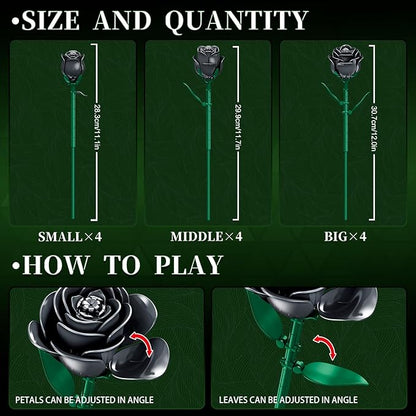 Black Rose Flower Building Blocks Bouquet 12 PCS Gothic Artificial Roses DIY Botanical Set Home Office Decor Gift for Women Adults Teens Valentines Day Mothers Day 512 PCS