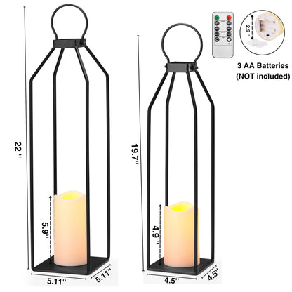 Perfnique Modern Farmhouse Lantern Decor, 19.7'' 22'' Set of 2 Black Metal Lanterns, 2 LED 6hr Timer Flickering Flameless Candles, Lanterns Decorative for Porch, Patio, Fireplace Mantle, Christmas