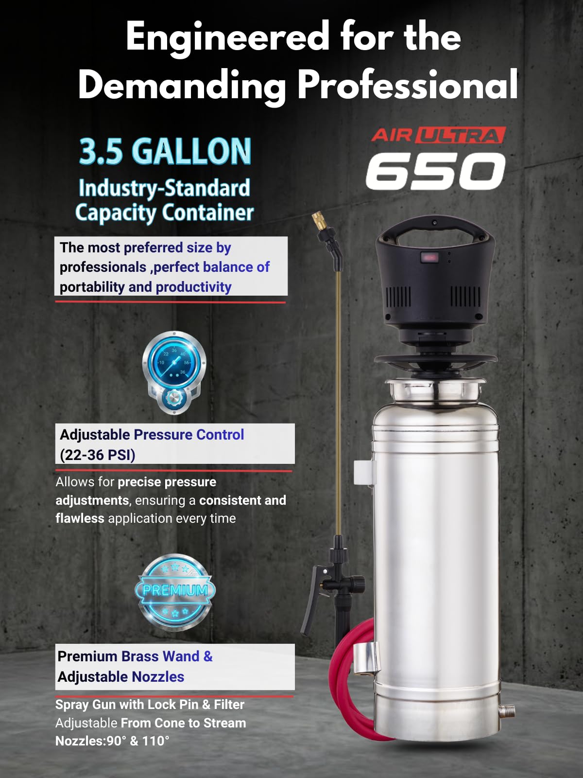 Sprayers Plus 650 Air Ultra 3.5 Gallon Battery Powered Concrete Sprayer, Stainless Steel Construction,Brushless Motor,Adjustable Pressure 22-36 PSI,16V Li-ion Battery,for Sealing,Curing Industrial Use