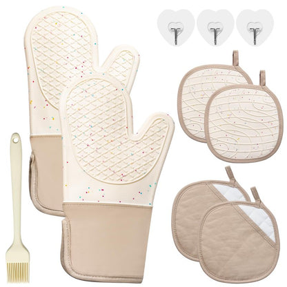 7 PCS Kitchen Oven Mitts and Pot Holders Cooking Mittens Heat Resistant 500°F Silicone Oven Mitts Soft Cotton Lining Non-Slip Oven Mittens for Kitchen Baking BBQ Cooking with Hook Up Oil Brush(Cream)