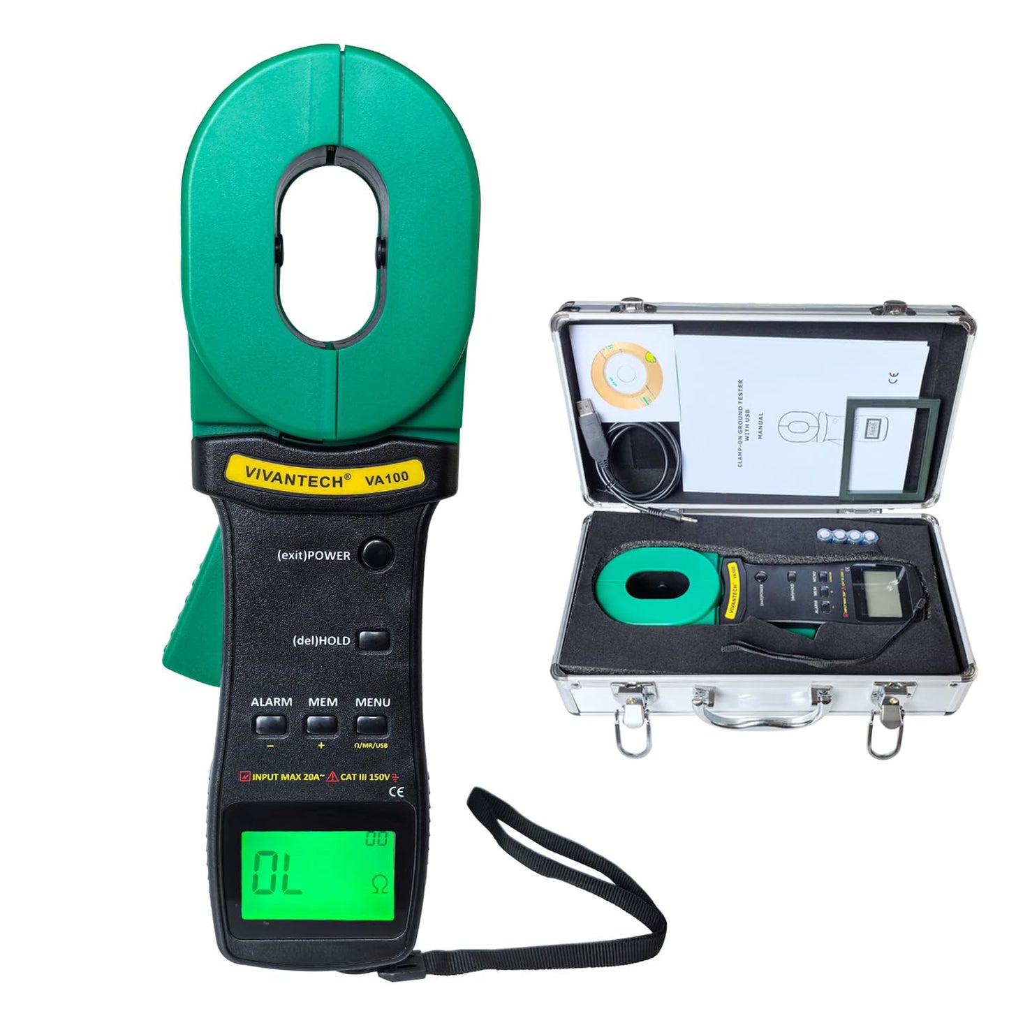 VIVANTECH VA100 Professional Digital Clamp Ground Resistance Tester – No Disconnect Earth Testing for Power Systems, Telecom, Gas Stations & Industrial Use 0.01-1000Ω