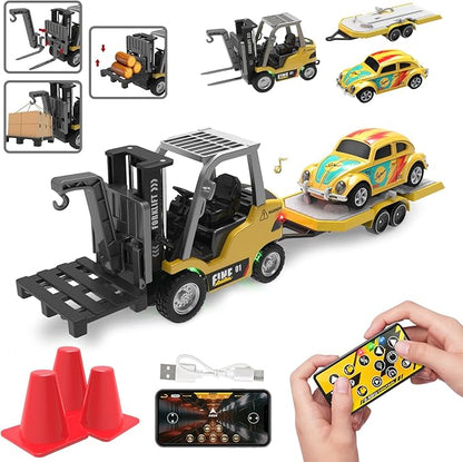 1/64 RC Forklift ToyToys for 6 7 8 9 Year Old Kids Boys2 in 1 Transformable Lift Fork &amp Hook with Lights &amp SoundsRemote Control Car with TrailerRC Construction Toys Kids Gifts