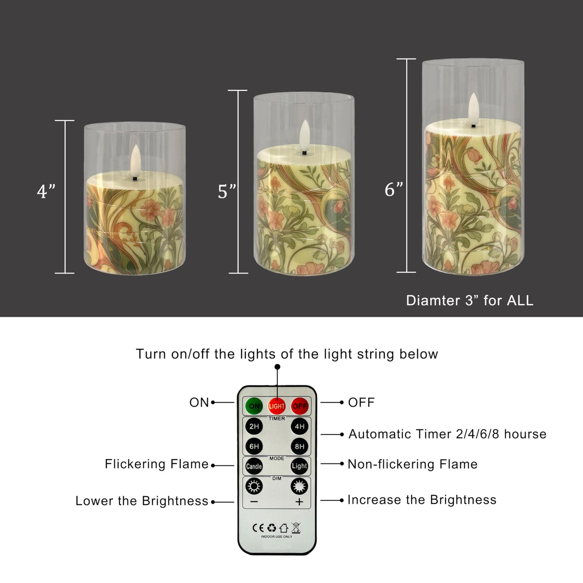 Flickering Flameless Candles Pink Floral, Embedded Star String Lights, Battery Operated Acrylic LED Pillar Candles with 11-Key Remote and Timer for Home Decoration, 3 Pack