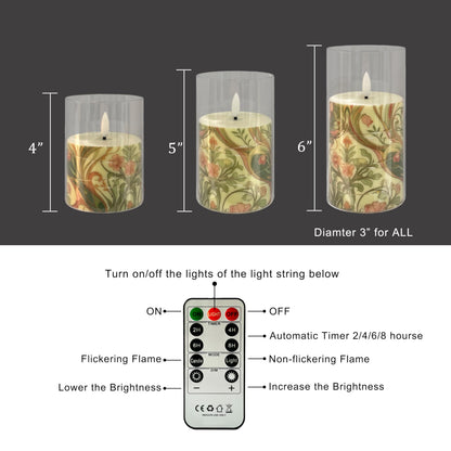 Flickering Flameless Candles Pink Floral, Embedded Star String Lights, Battery Operated Acrylic LED Pillar Candles with 11-Key Remote and Timer for Home Decoration, 3 Pack