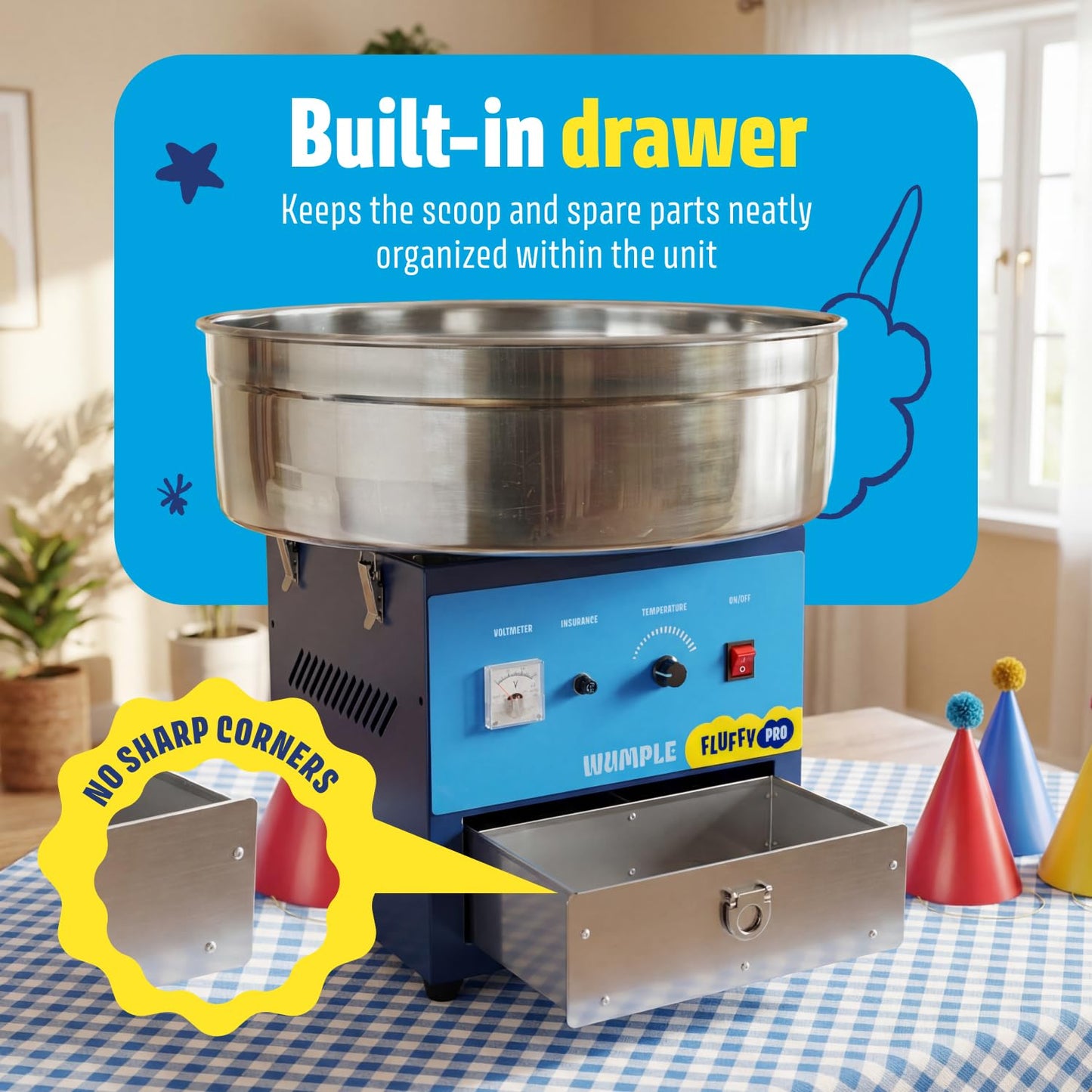 Wumple Professional Cotton Candy Machine - Commercial Electric Maker with Drawer & Large Stainless Steel Bowl - Fast Heat-Up - Perfect for Parties & Business - Blue