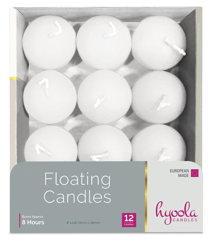Hyoola Premium White Floating Candles 3 Inch - 8 Hour - 12 Pack - European Made