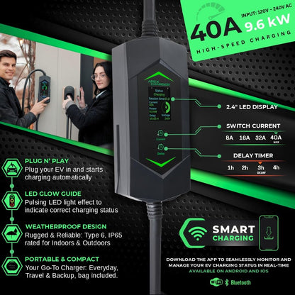 MACH 3 Fast 40 Amp Level 1&2 Portable EV Charger, Electric Vehicle Charging Station, 120-240V NEMA 14-50 w/ 5-15 Adapter. SAE J1772 car Connector & Tesla mobile NACS, Outdoor EVSE, 25ft Cable w/holder