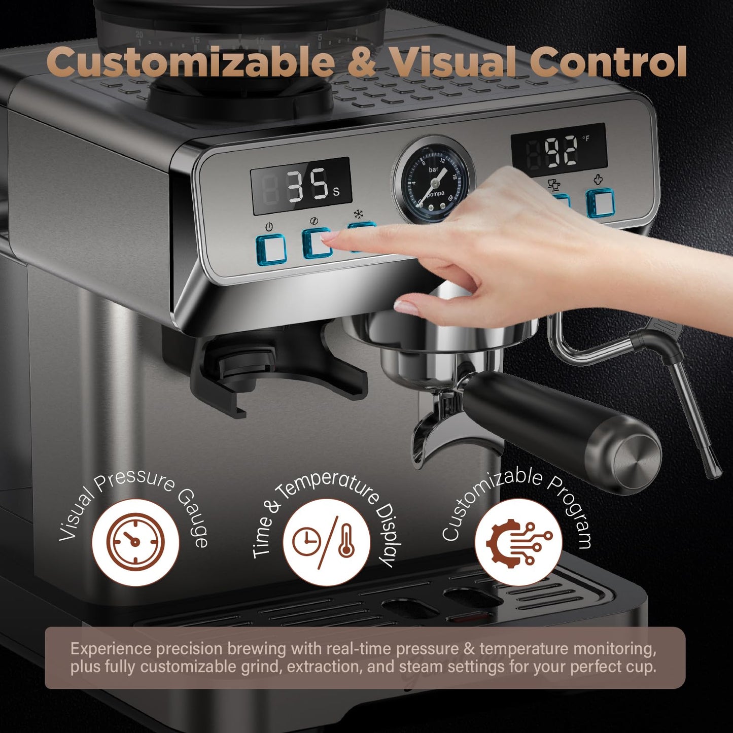 GeniCup Espresso Machine with Grinder 20 Bar Professional Expresso Coffee Machines for Home Customizable 194℉-203℉ Temp Control Espresso Maker with 68oz Water Tank All-in-One Coffee Maker Cold Brew
