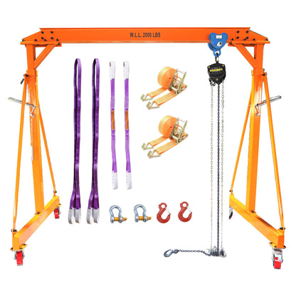 Adjustable Gantry Crane with Trolley and Hoist 2000 LBS, Overall Height Adjustable 7.65~10.91 FT, Shop Crane 1T Garage Crane with Rigging Kit with Rigging Kit