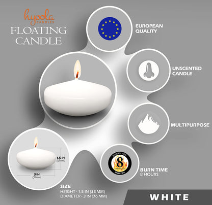 Hyoola Premium White Floating Candles 3 Inch - 8 Hour - 12 Pack - European Made