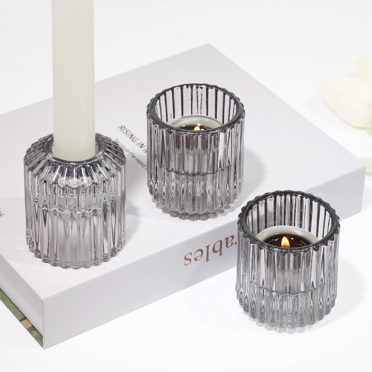 CHOCSTAY Reversible Gray Glass Candle Holder Set of 6, Thick Heat-Resistant Glass Candlestick Holders for Taper, Tealight, Votive, LED Candles, Perfect for Wedding, Party, Home Décor
