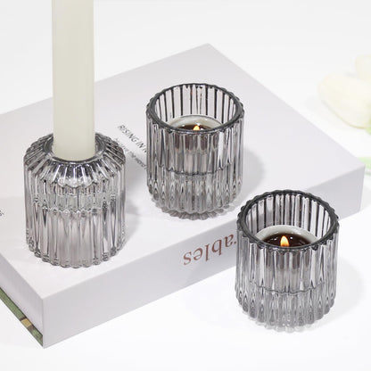 CHOCSTAY Reversible Gray Glass Candle Holder Set of 6, Thick Heat-Resistant Glass Candlestick Holders for Taper, Tealight, Votive, LED Candles, Perfect for Wedding, Party, Home Décor