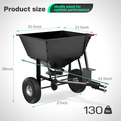 Suchtale Tow-Behind Broadcast Spreader, 130 lbs Capacity, Heavy Duty Fertilizer and Seed Spreader with Adjustable Flow Control Lever,10" Pneumatic Tires, Durable Metal Hopper for Various Terrain Type