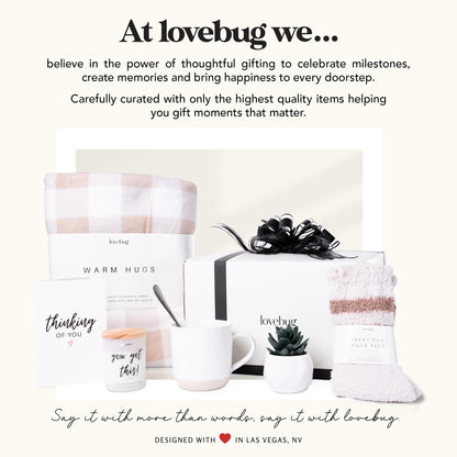 lovebug Get Well Soon Gift Basket for Women – After Surgery Gifts, Feel Better Care Package with Blanket, Candle, Socks, Mug, Spoon, Succulent – Thinking of You Self Care Gifts for Women Basket