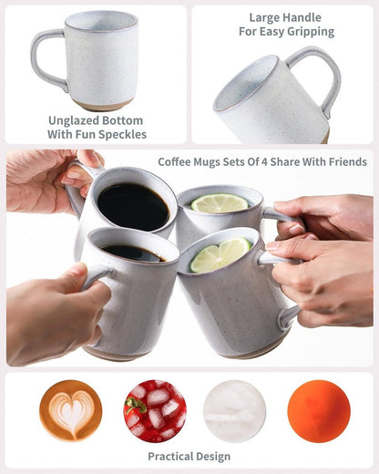 HASENSE Ceramic Coffee Mugs Set of 4, 14 oz Stoneware Coffee Cups with Handle and Speckle for Latte, Cappuccino, Cocoa, Tea and Milk, Microwave and Dishwasher Safe Cups for Men Women, Bluish White
