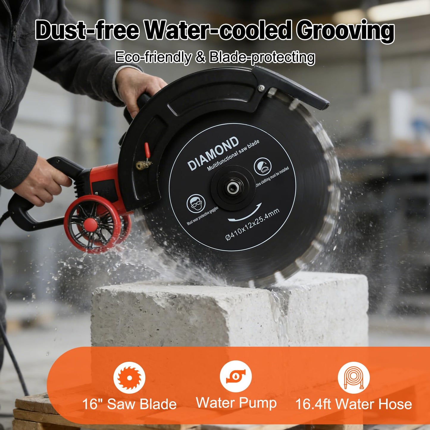 16" Electric Concrete Saw 4000W Wet/Dry Circular Saw with Water Pump and 16.4ft Water Hose Concrete Cutter for Brick Concrete Wall and Granite Max.Cutting Depth: 6.5in