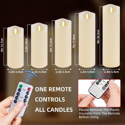 MiKoyi Flameless Pillar Candles with Remote, Battery Operated Candles Real Wax, [5-Pack] Fake LED Flickering flameless Candle with Timer Function for Room Home Decor (2.2" * 5/5.5/6/7/8") - White