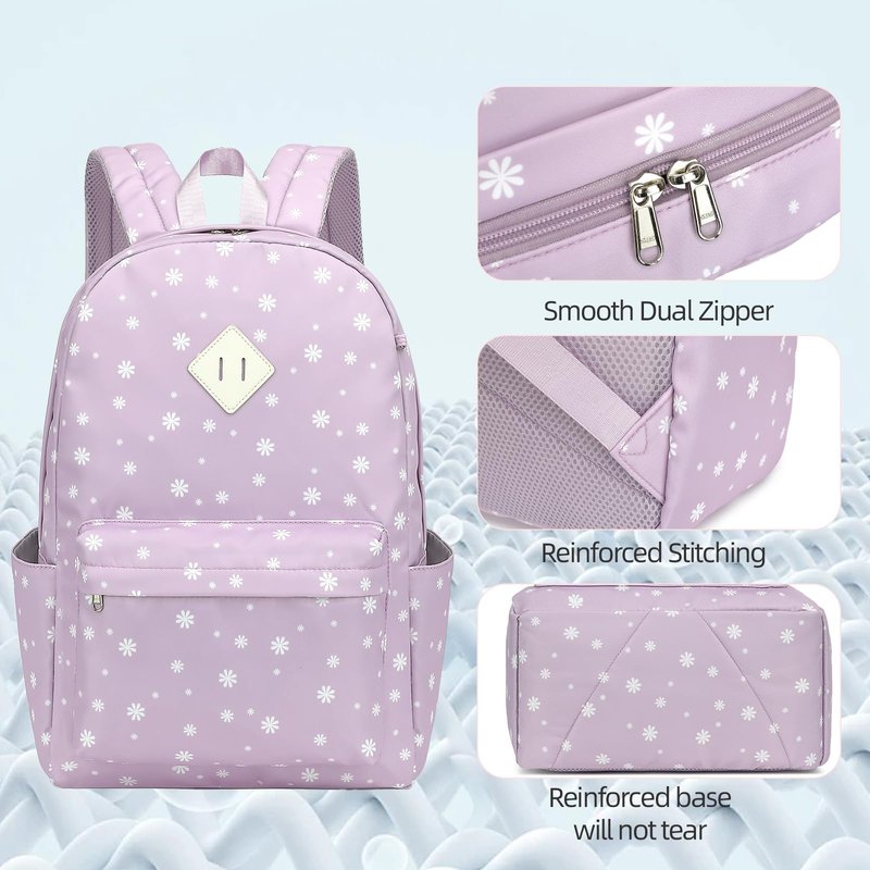 Flowers School Backpack for Girls, 3PCS Bookbags Set with Lunch Box Pencil Pouch Elementary Middle School Bag Laptop Back Packs (Daisy Purple)