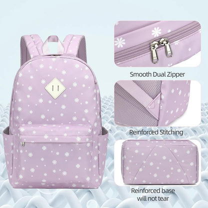 Flowers School Backpack for Girls, 3PCS Bookbags Set with Lunch Box Pencil Pouch Elementary Middle School Bag Laptop Back Packs (Daisy Purple)