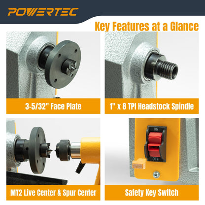 POWERTEC 10" x 18" Benchtop Mini Wood Lathe – 1/2HP, 5-Speed Cast Iron Lathe with MT2 Taper for Turning Pens, Bowls, Spindles, and DIY Wood Projects (LT1018)