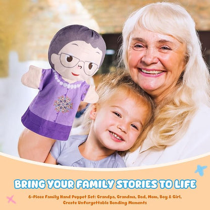 6 Pcs Family Hand Puppets 10 Inch Grandparents Mom &amp Dad Brother &amp Sister Plush Hand Puppet Toys Role-Play Toy Puppets for Kids Storytelling Imaginative Pretend Play Teaching Preschool(6 Fam