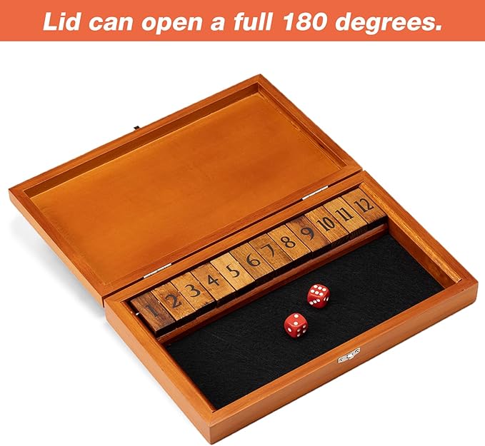 Shut The Box Dice Game with 12 Numbers and Lid Wooden Classic Board Game with 4 Dice Gift Package &amp Game Rules Close The Box Game for Kids Adults Family Classroom Home &amp Pub