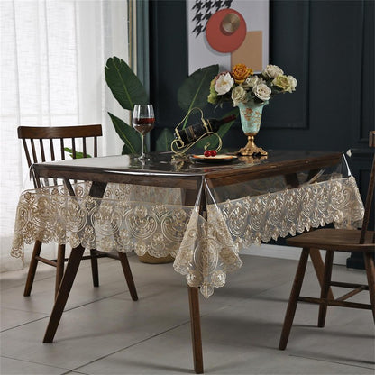 Rakila Clear Plastic Rectangle Tablecloth Vinyl Waterproof Table Cloth Embroidered Lace Edge Transparent Table Cover for Dining Kitchen Outdoor(60 x 118 inch, Coffee Style 1)
