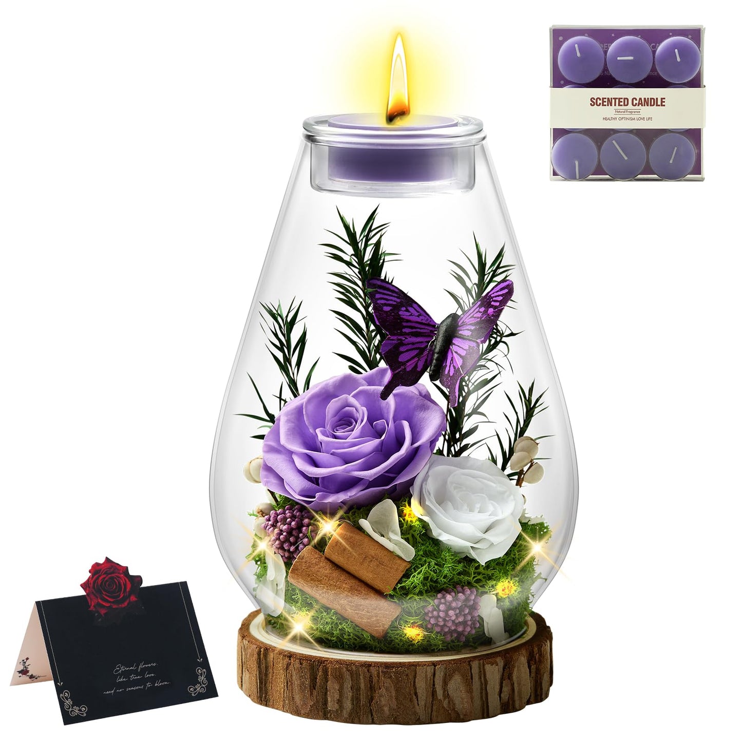 Tyvouflo Birthday Gifts for Women Preserved Flowers Purple Roses Candle Holder in Glass Dome Gift for Mom Birthday Gift Forever Flowers for Anniversary Real Flowers Eternal Rose for Proposal Wedding