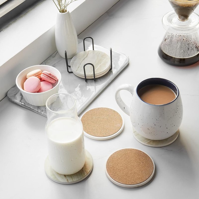 LIFVER Coasters Set of 6, Coasters for Drinks Absorbent Stone with Holder, Black Marble Style Ceramic Drink Coaster for Tabletop Protection, Coffee Table Decor Ideal for Home Decor House Warming Gifts